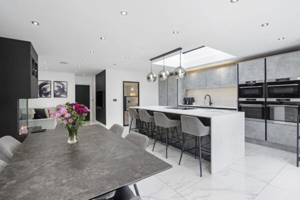 Contemporary open-plan kitchen photographed for estate agent